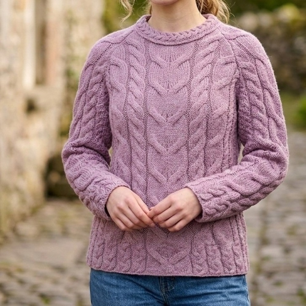Aran Sweater Market Womens M Merino Wool Cable Knit Sweater Ireland Dusty Rose - Picture 2 of 8